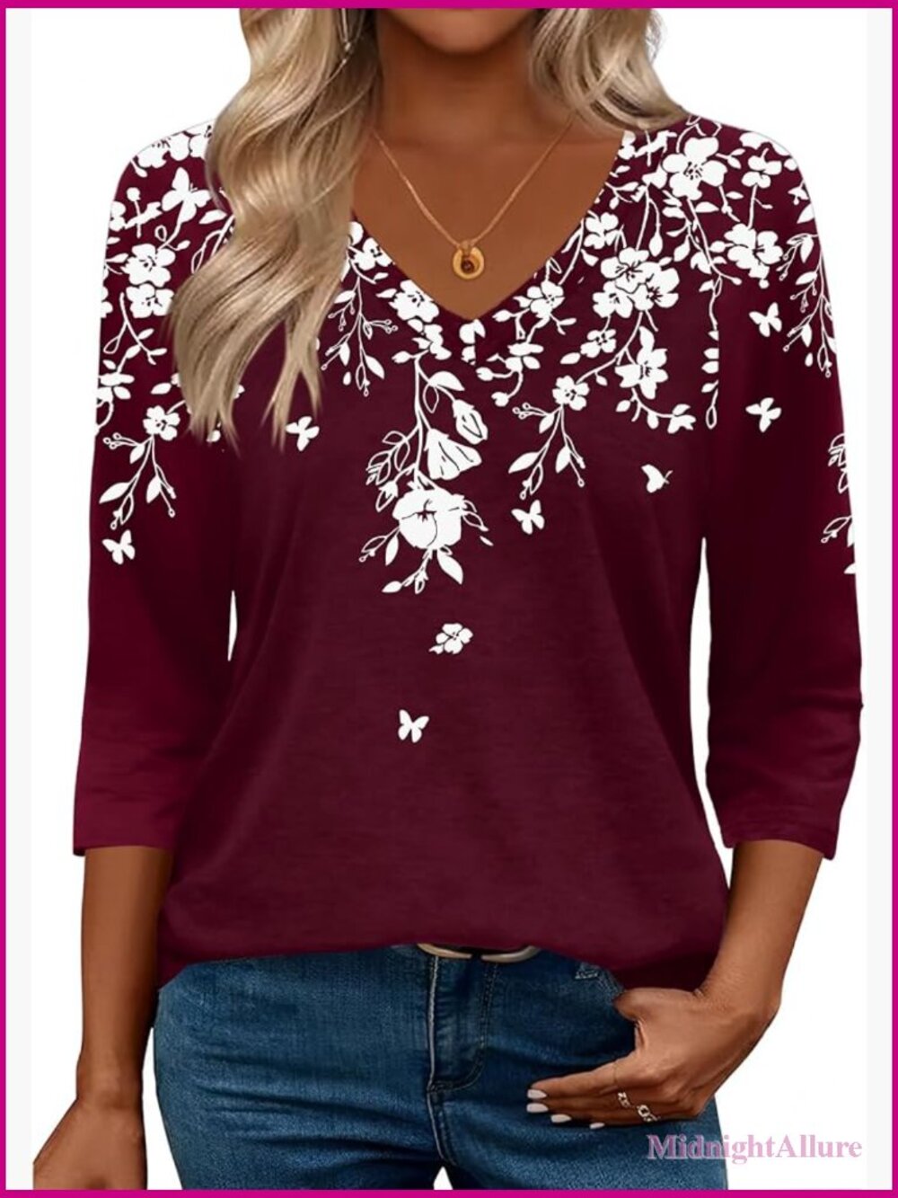 3/4 Sleeve V-Neck Tunic Top Dressy Casual Blouse